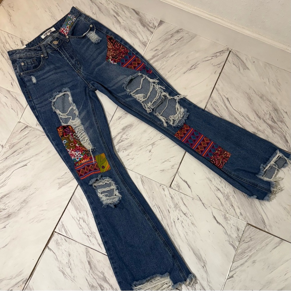 Patchwork Distressed Blue Jeans